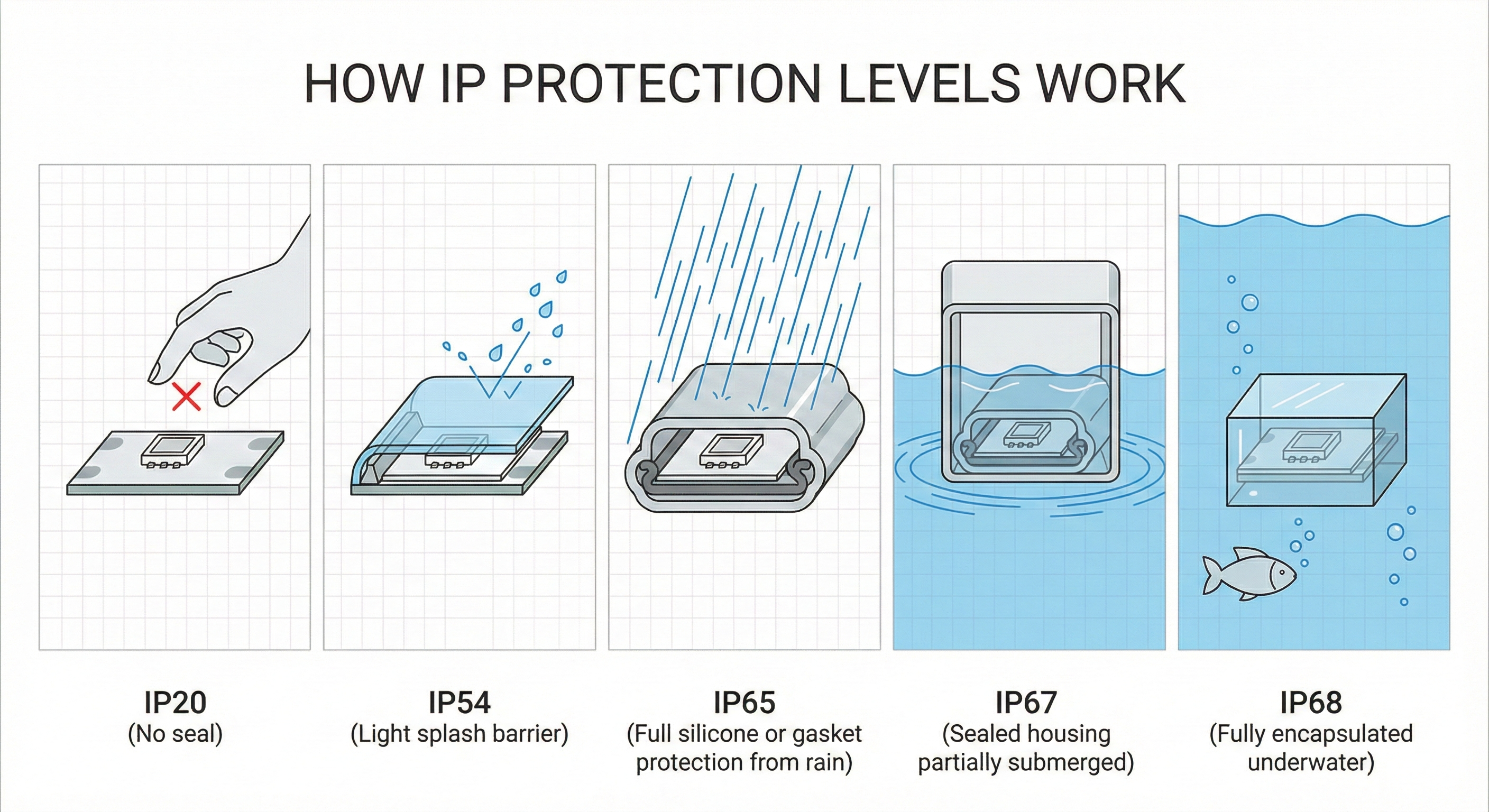 IP Ratings Explained: IP20 vs IP54 vs IP65 vs IP67 vs IP68 (Quick Guide to Choosing the Right Lighting)