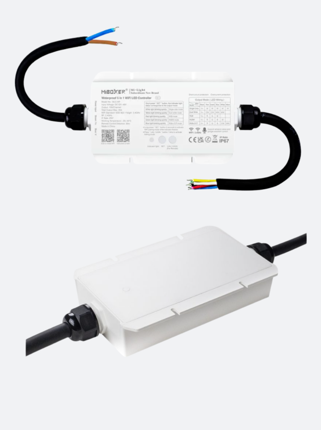 Waterproof 5-in-1 LED Strip Transponder - WiFi + 2.4G RF, IP67 (Single Color / CCT / RGB / RGBW / RGB+CCT), PVAC-F67