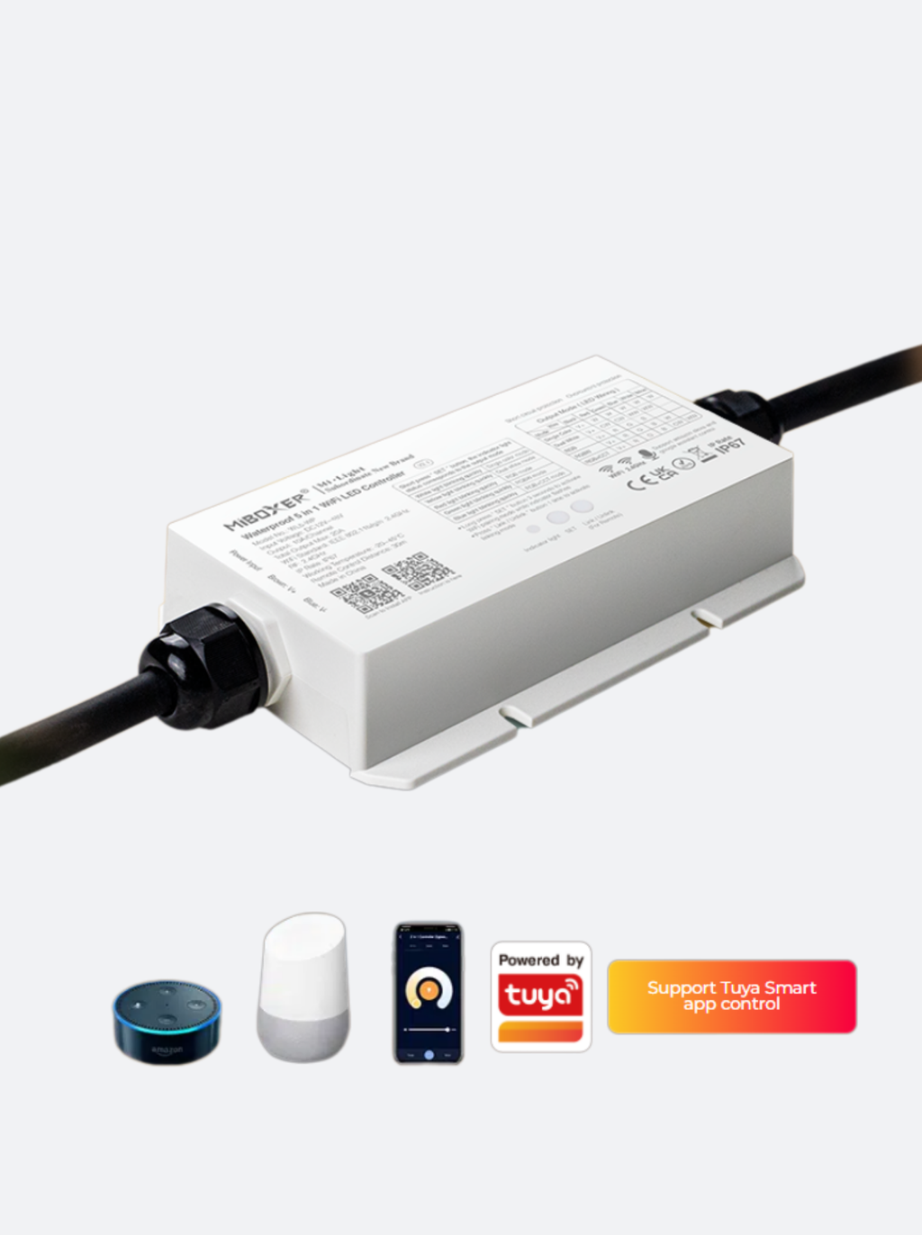 Waterproof 5-in-1 LED Strip Transponder - WiFi + 2.4G RF, IP67 (Single Color / CCT / RGB / RGBW / RGB+CCT), PVAC-F67