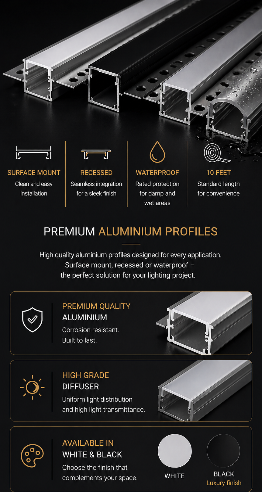 Aluminum profiles with features and benefits on a dark background